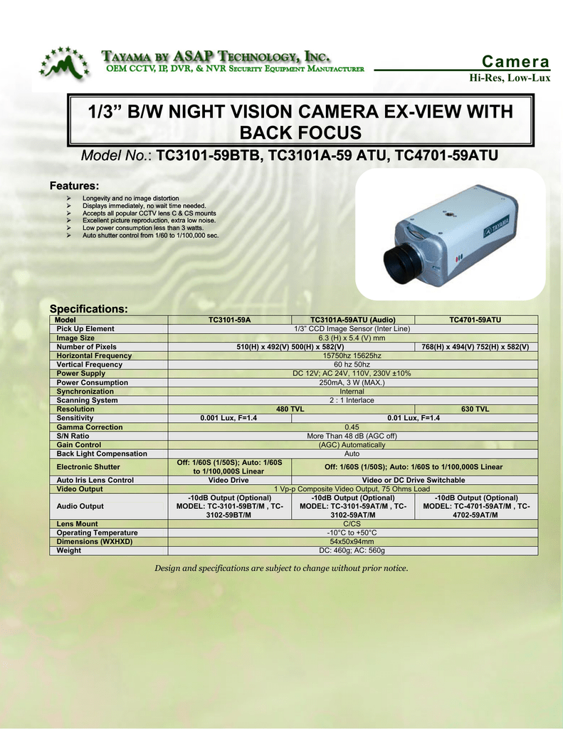 1 3 B W Night Vision Camera Ex View With Back Focus Camera Model No Manualzz