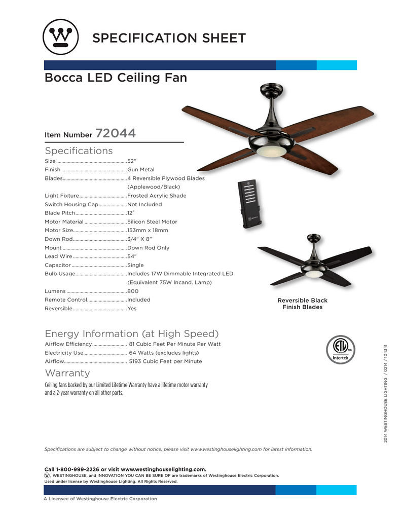 Specification Sheet Bocca Led Ceiling Fan 72044 Manualzz Com