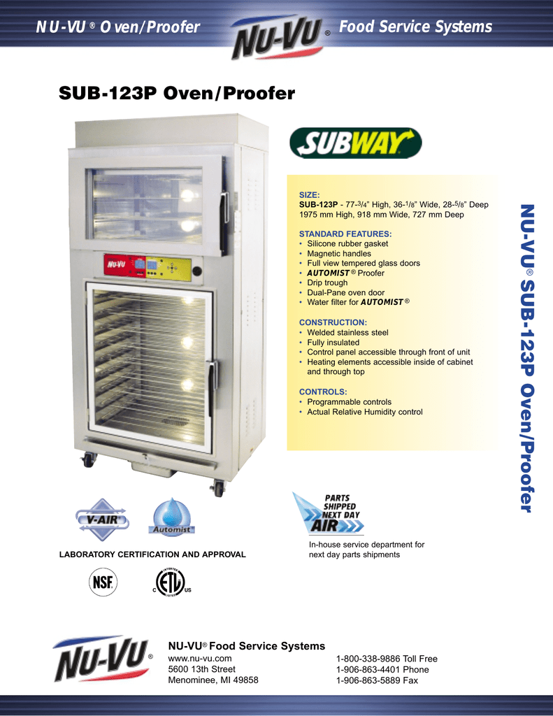 Sub 123p Oven Proofer Nu Vu Food Service Systems Oven Proofer Manualzz