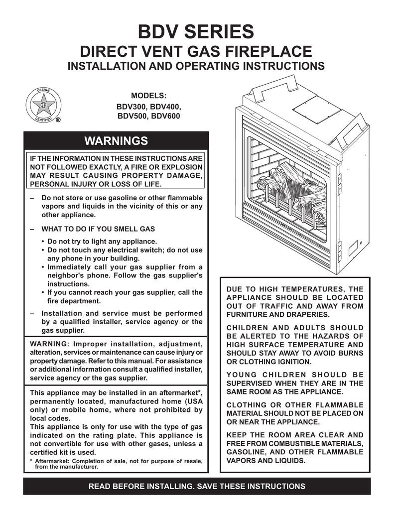 BDV SERIES DIRECT VENT GAS FIREPLACE WARNINGS INSTALLATION AND