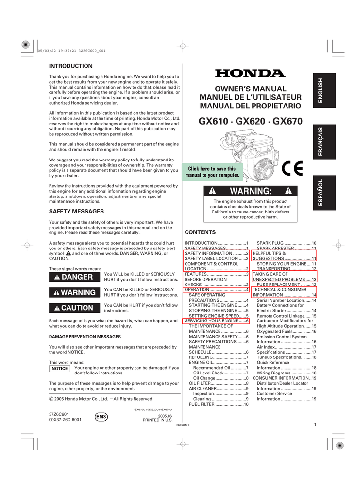 Honda Honda Engines GX670 Owner Manual Manualzz