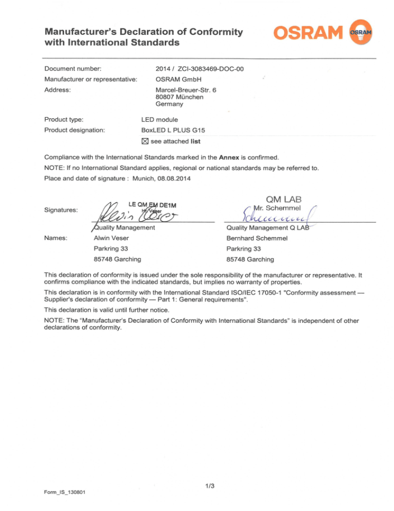 Q Manufacturer S Declaration Of Conformity With International Standards Manualzz