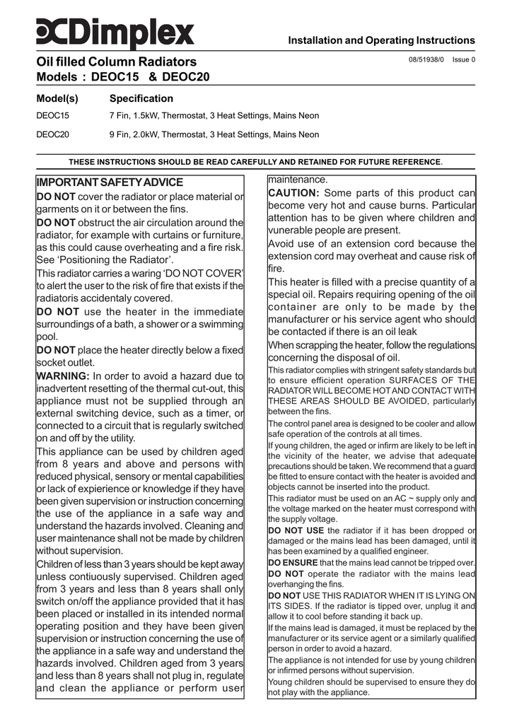 Dimplex DEOC20 Essentials Oil Filled Column Radiators Instruction manual |  Manualzz