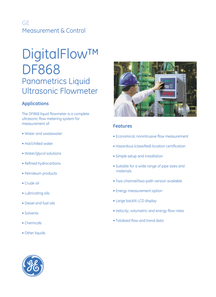 GE Panametrics DigitalFlow DF868 Ultrasonic Flow Meter Datasheet Manualzz