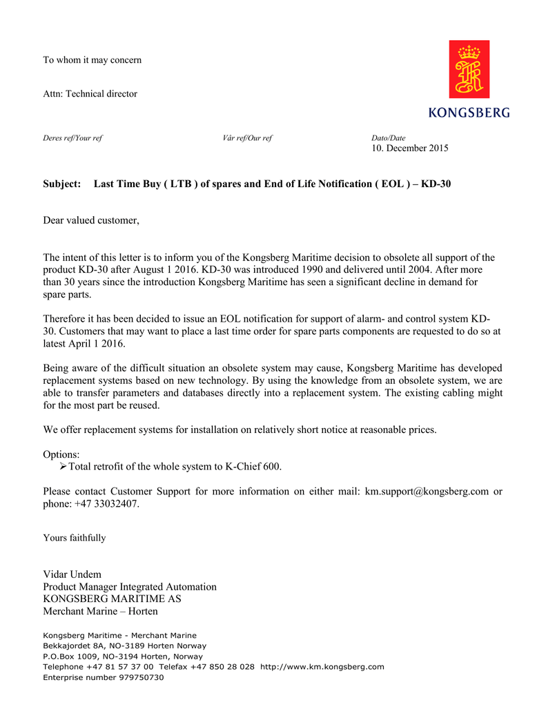 Product Discontinuation Letter Sample - LETTER CGW