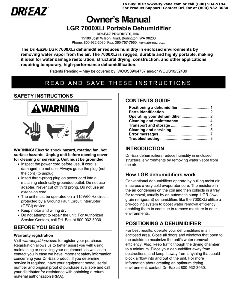 Dri-Eaz LGR 7000XLi Dehumidifier Manual | Manualzz