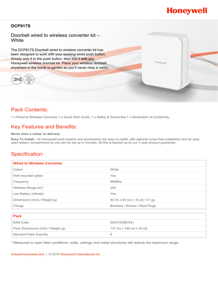 Honeywell DCP917S Doorbell Wired to Wireless Converter kit Manualzz