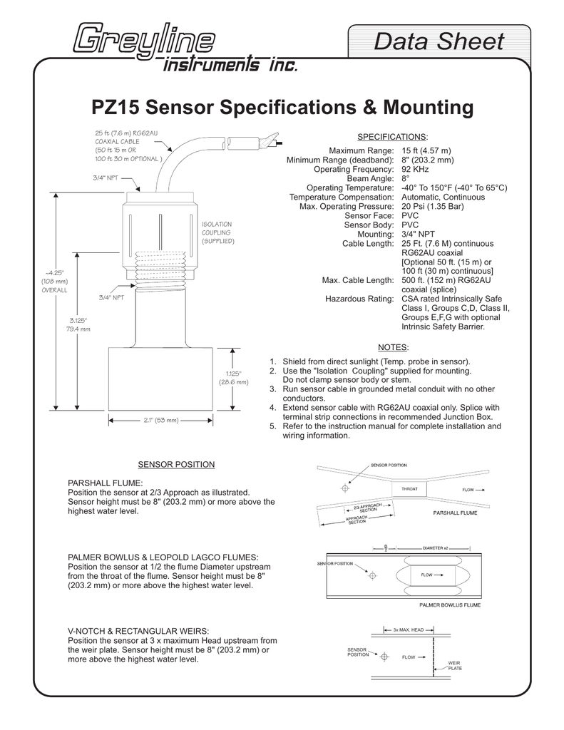 Greyline Instruments PZ15 Level Sensor Datasheet Manualzz