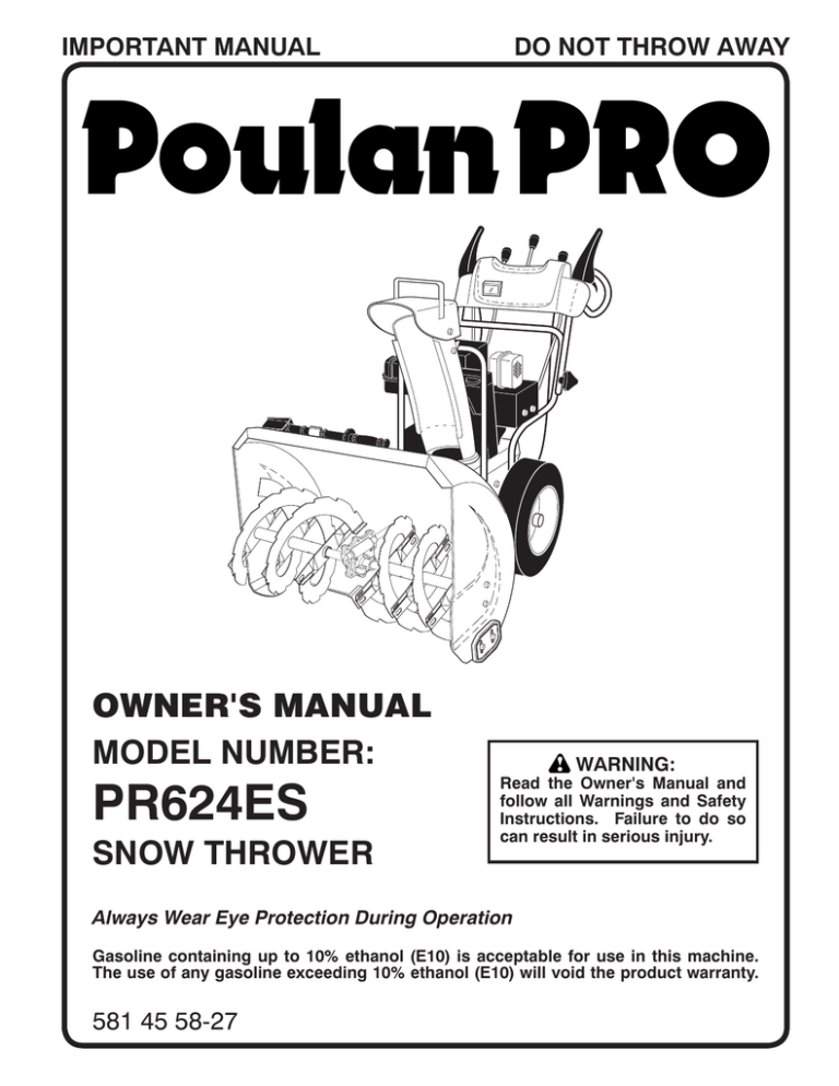 Poulan Pro Model PR624ES Snow Thrower Owner's Manual | Manualzz