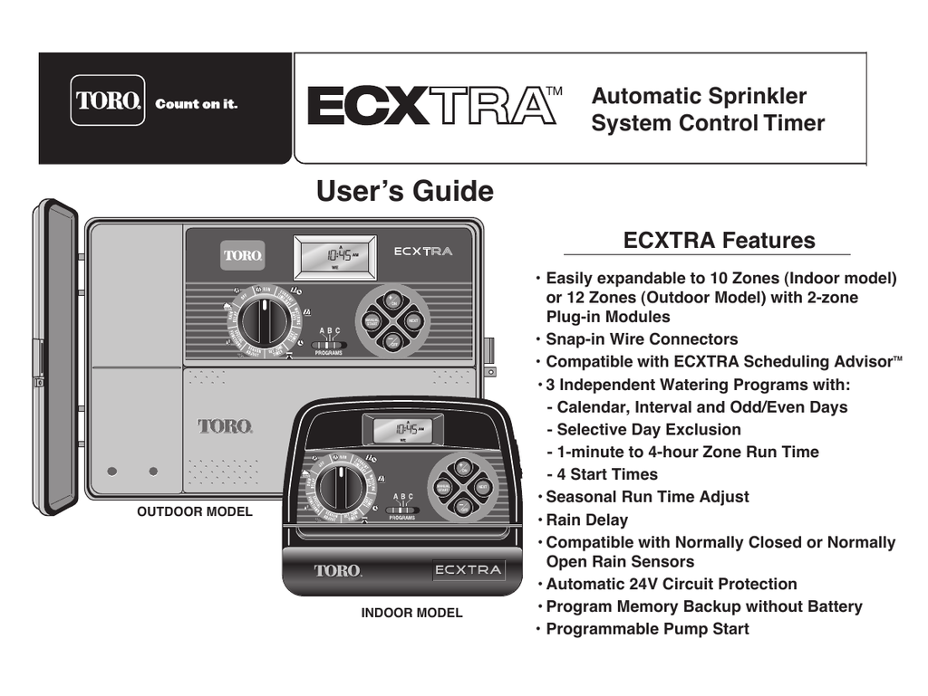 Toro ECX TRA Automatic Sprinkler System Control Timer Manualzz