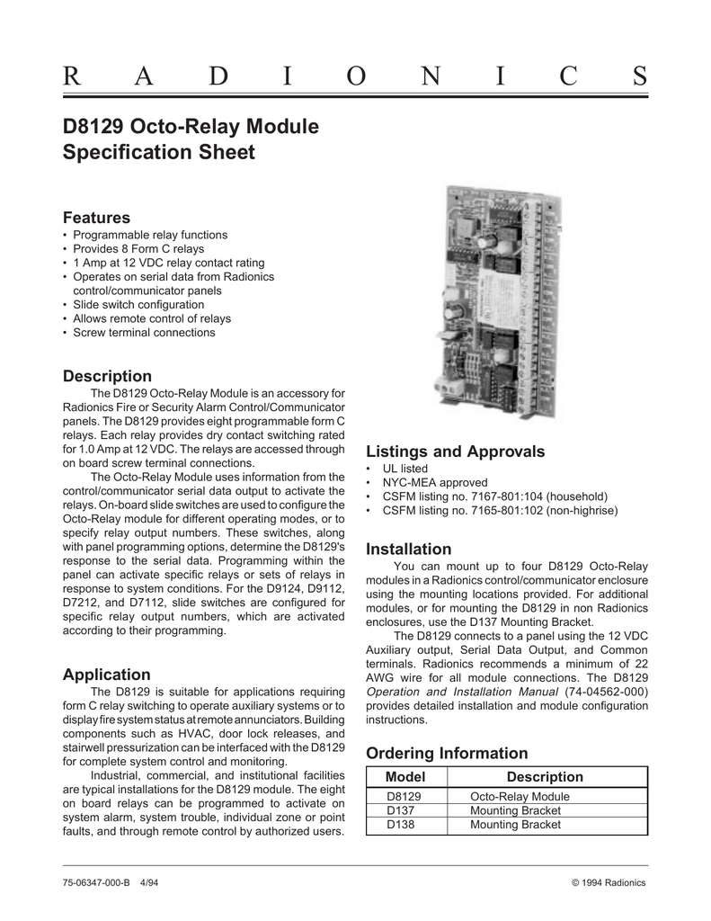 D8129 Octo Relay Module Spec Sheet Manualzz