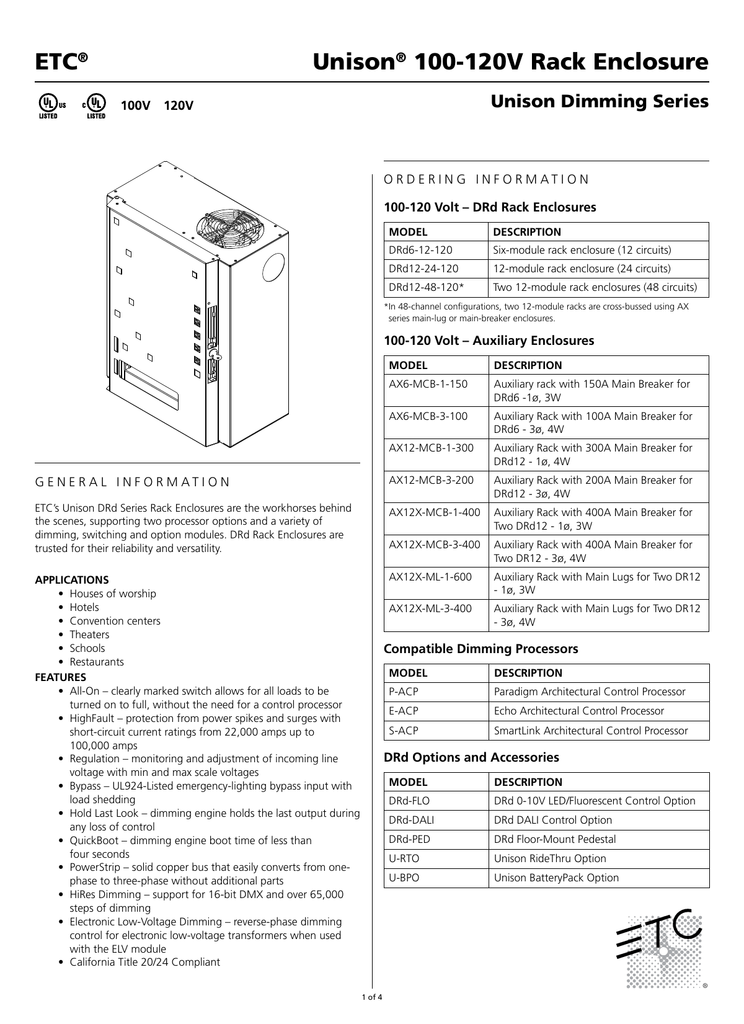 Unison 100120V Dimming Rack Enclosure (DRd) Datasheet Manualzz