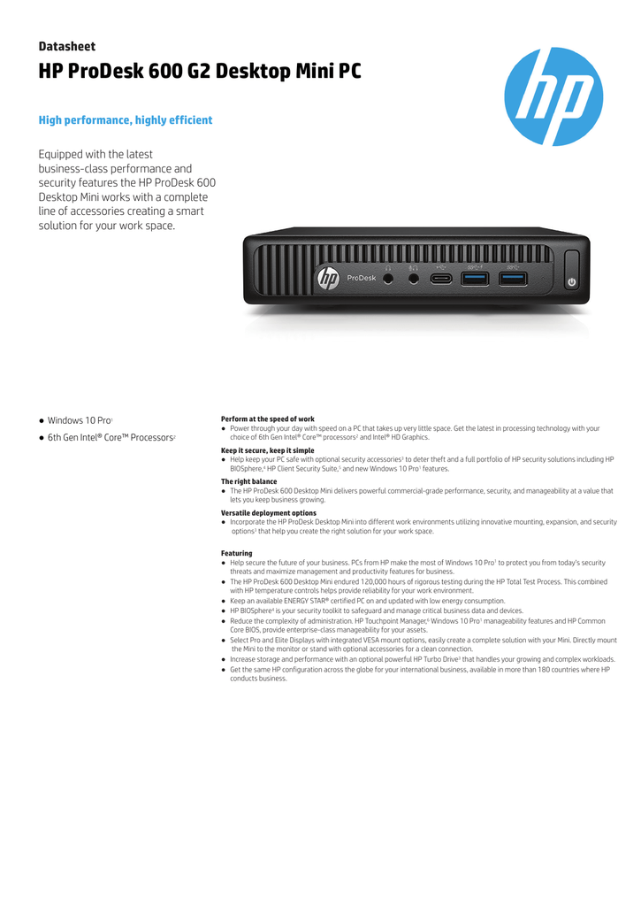 HP ProDesk 600 G2 Desktop Mini PC Datasheet Manualzz
