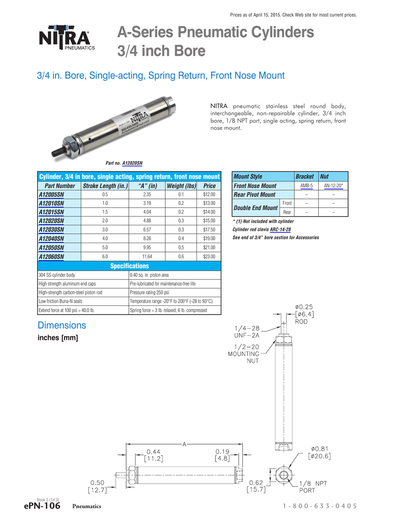 NITRA Pneumatic ASeries Cylinders 3/4 inch Bore Specs Manualzz