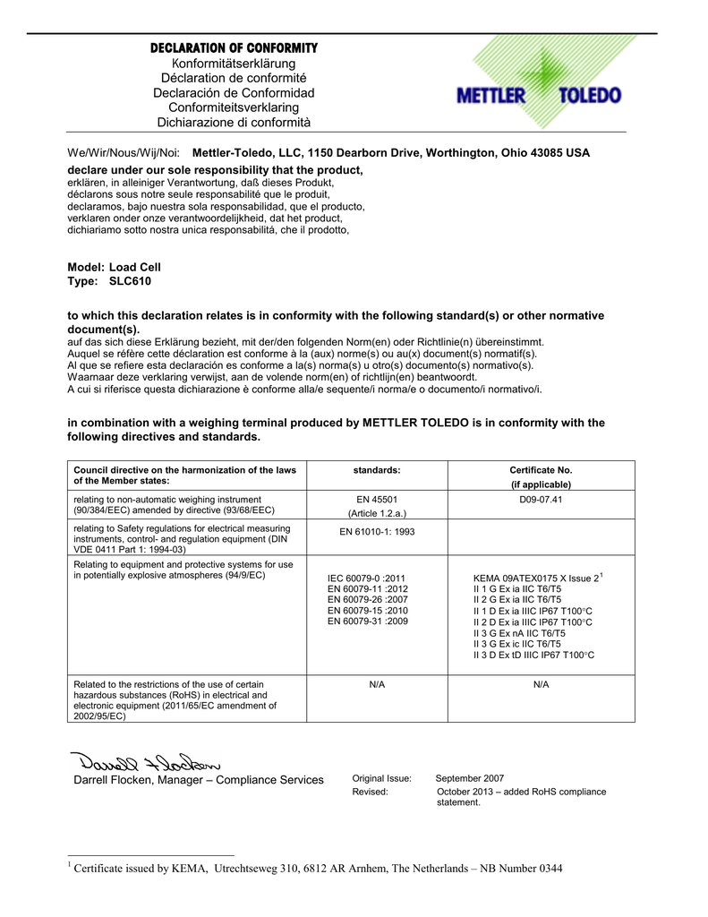 Declaration Of Conformity Slc610 Manualzz