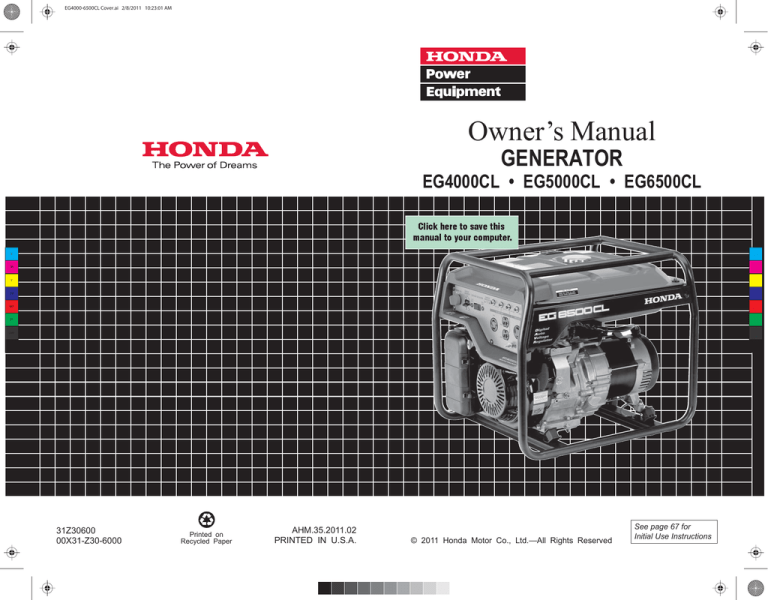 Owner’s Manual GENERATOR EG4000CL • EG5000CL • EG6500CL AHM.35.2011.02