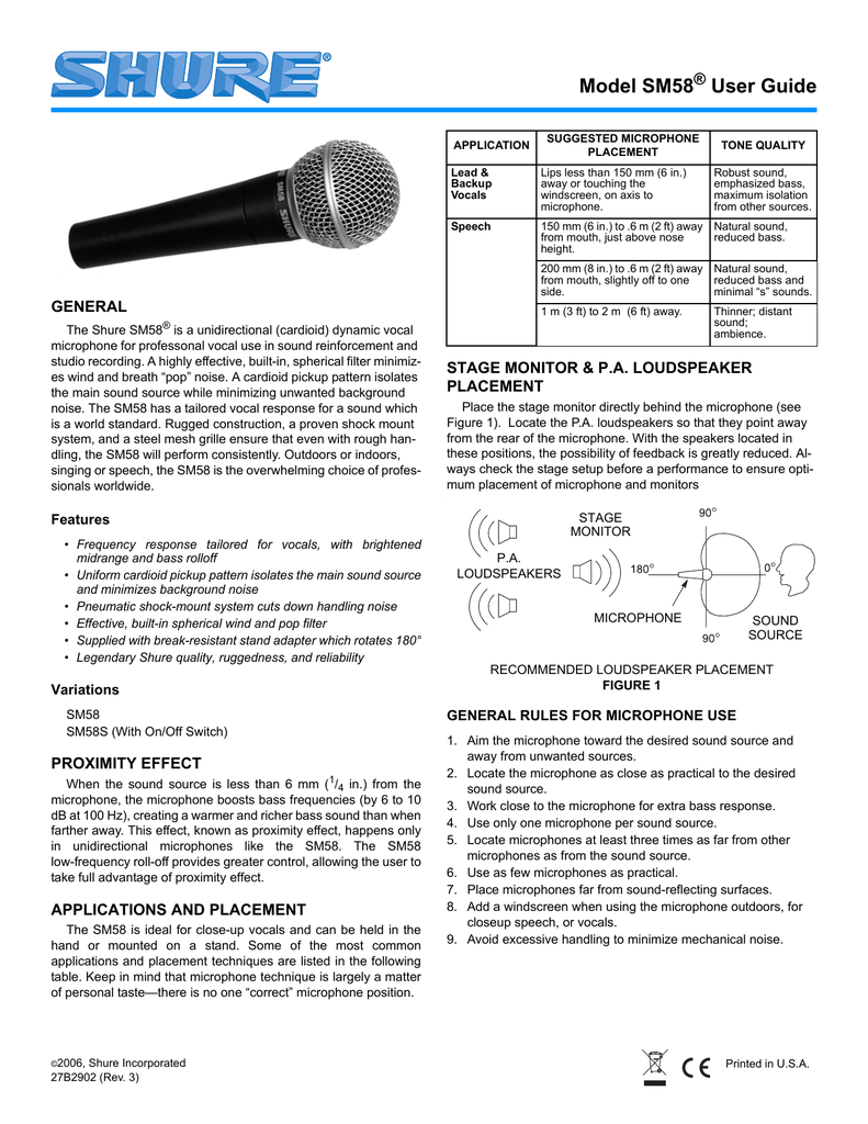 Shure SM58 Microphone Specification Sheet Manualzz