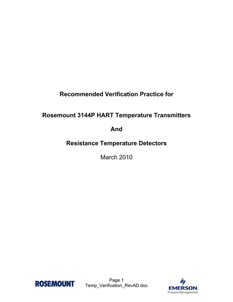 Recommended Verification Practice for Rosemount 3144P HART Temperature