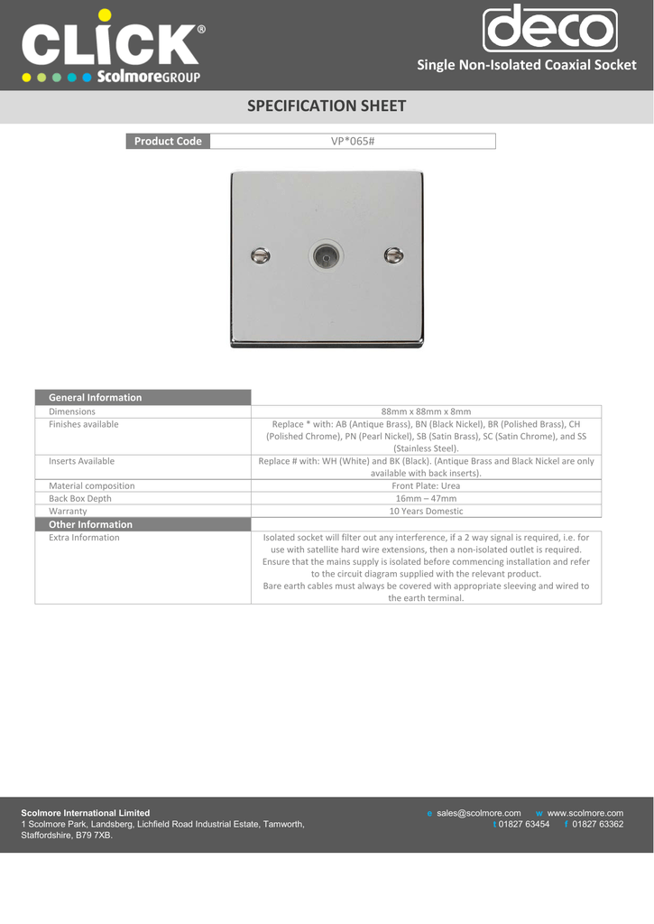 Specification Sheet Single Non Isolated Coaxial Socket Product Single Non Isolated Coaxial Socket
