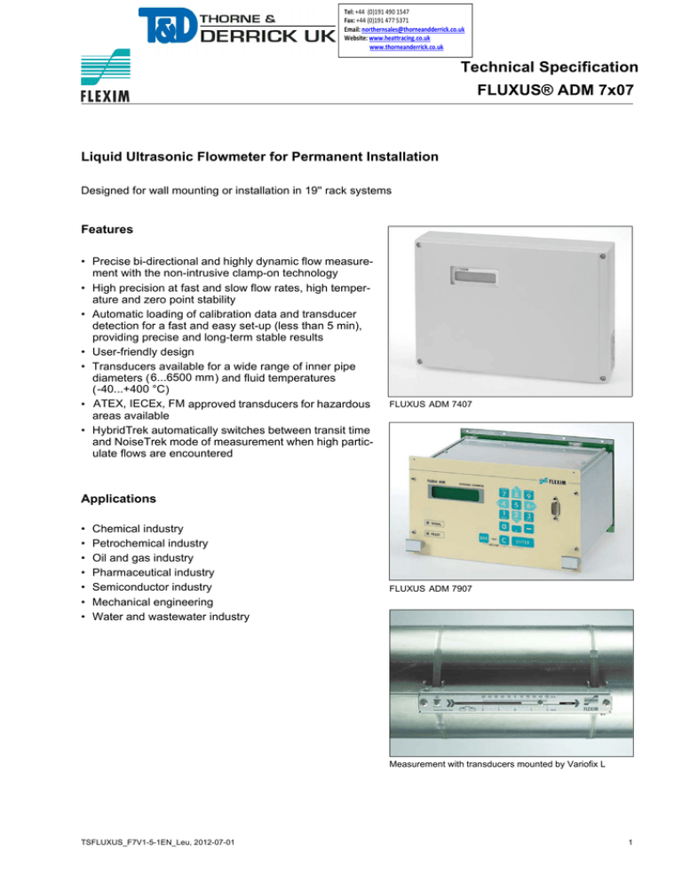 Flexim Fluxus ADM 7407 Permanent Ultrasonic Clamp-On Flow Meter - Spec ...