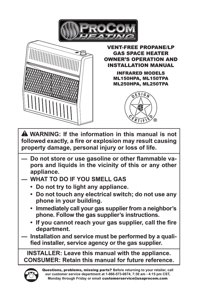 Procom 25,000 BTU Ventless 5 Plaque LP Gas Wall Heater with Manual Control  Use and Care Manual | Manualzz