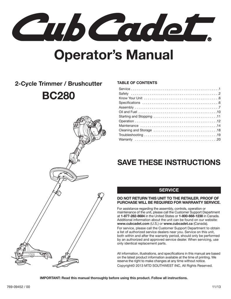 Cub Cadet BC280 Operator's Manual