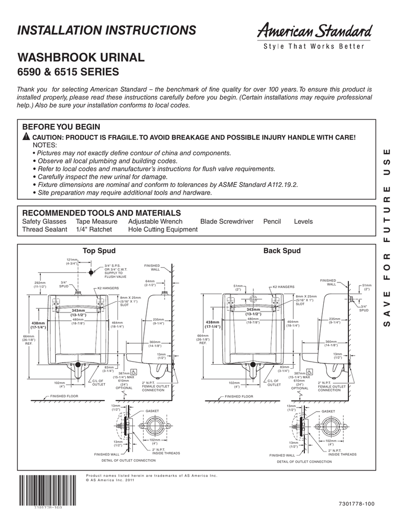 INSTALLATION INSTRUCTIONS WASHBROOK URINAL 6590 & 6515 SERIES Manualzz