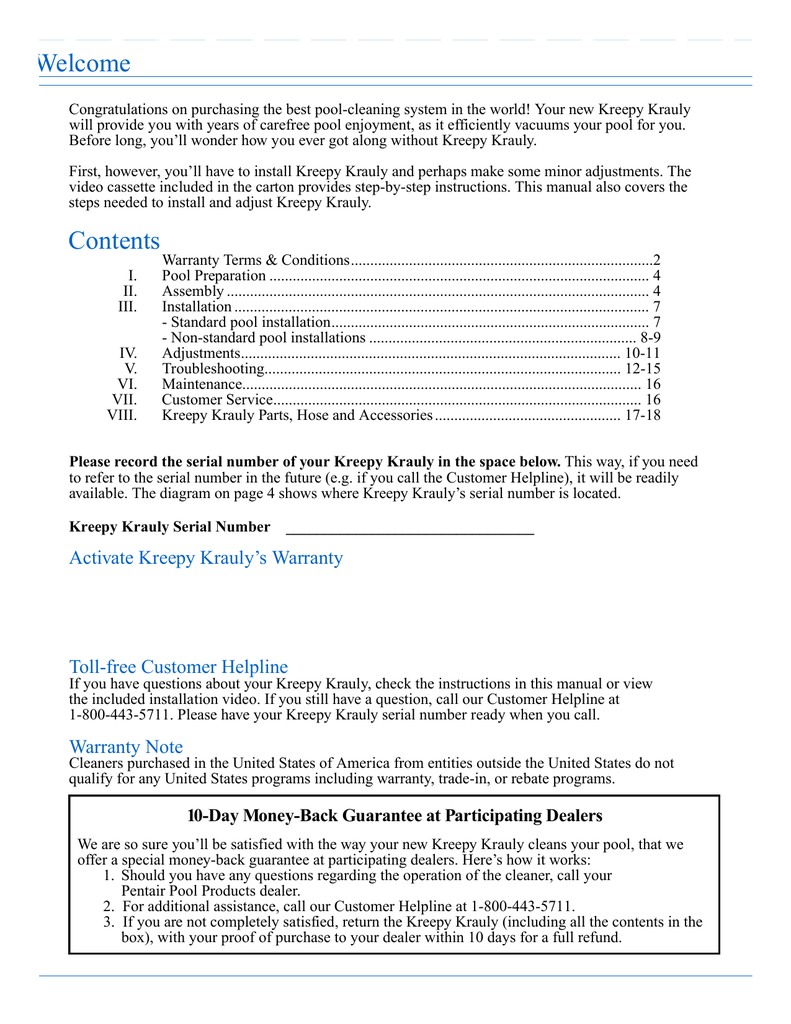 Kreepy krauly Poolcleaning system User manual Manualzz