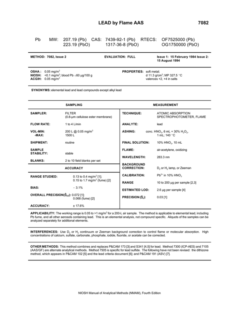 NIOSH Method 7082 Lead by Flame AAS Manualzz