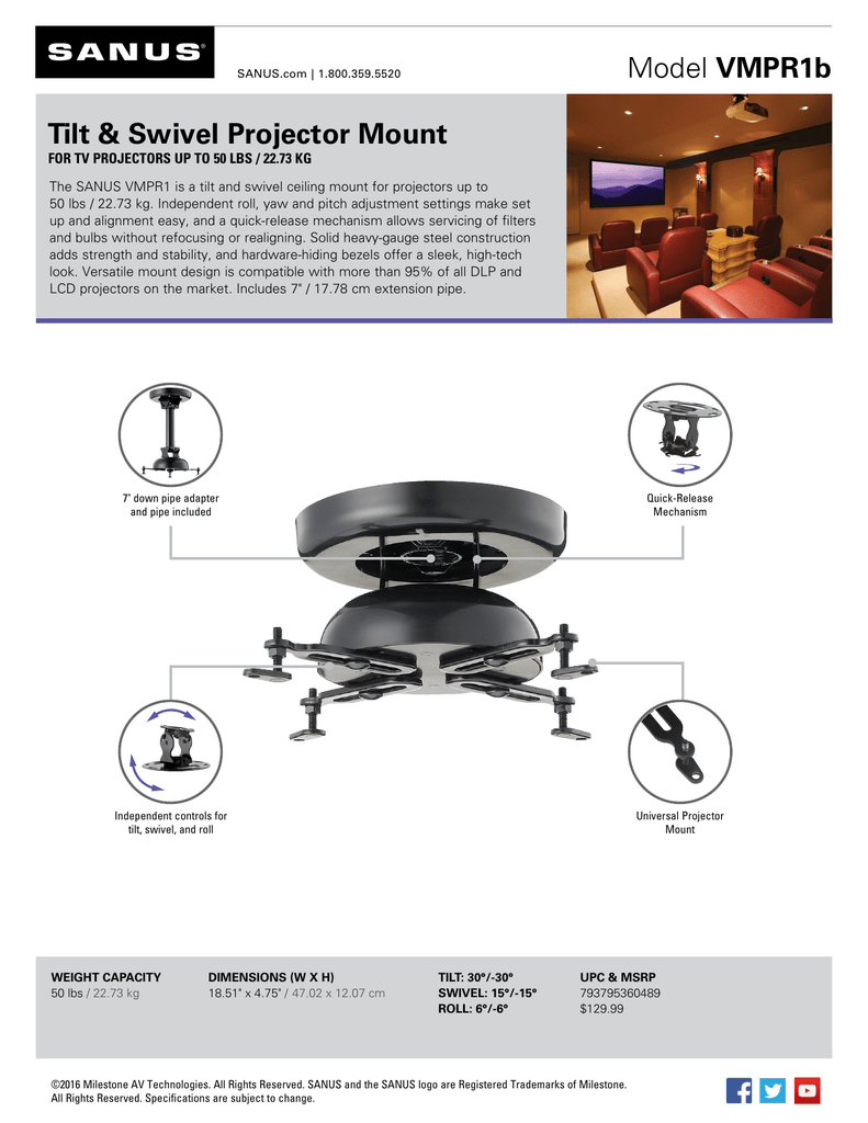 Sanus Vmpr1b Tilt Swivel Projector Mount Manualzz Com