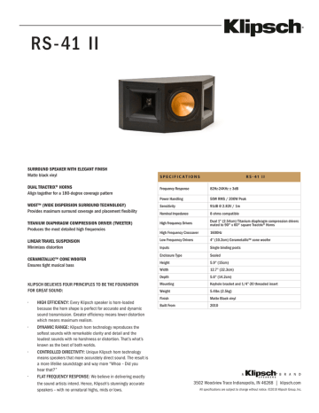 Klipsch Rs 41 Ii Surround Speaker Spec Sheet Manualzz