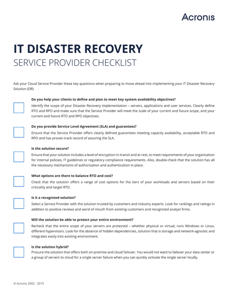 IT Disaster Recovery Service Provider Checklist Manualzz