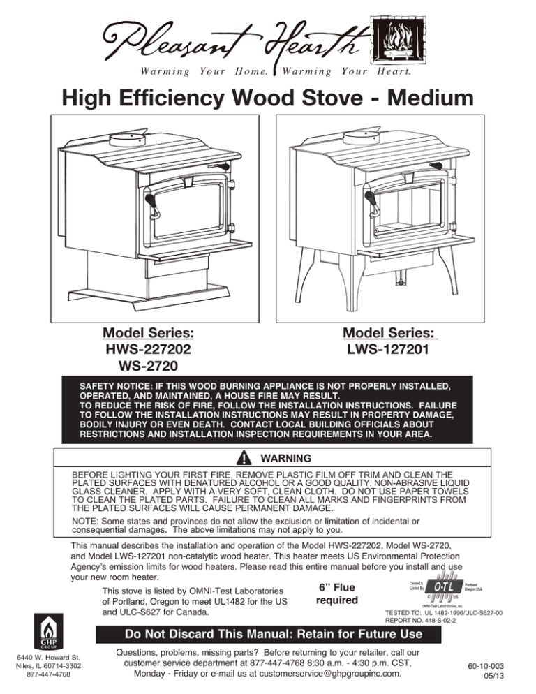 Pleasant Hearth LWS-127201 Wood Stove Owner s Manual | Manualzz