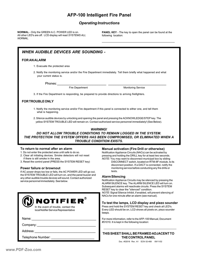 Notifier AFP-100 Intelligent Fire Panel Operating Instructions | manualzz.com