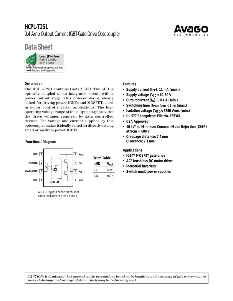 Data Sheet Hcpl T251 0 4 Amp Output Current Igbt Gate Drive Optocoupler Manualzz