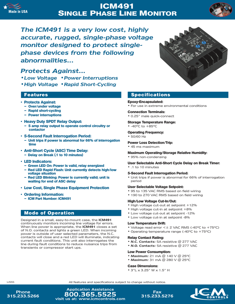 ICM 491C Single Phase Line Monitor 95-270 VAC Adjustable ASC Timer 
