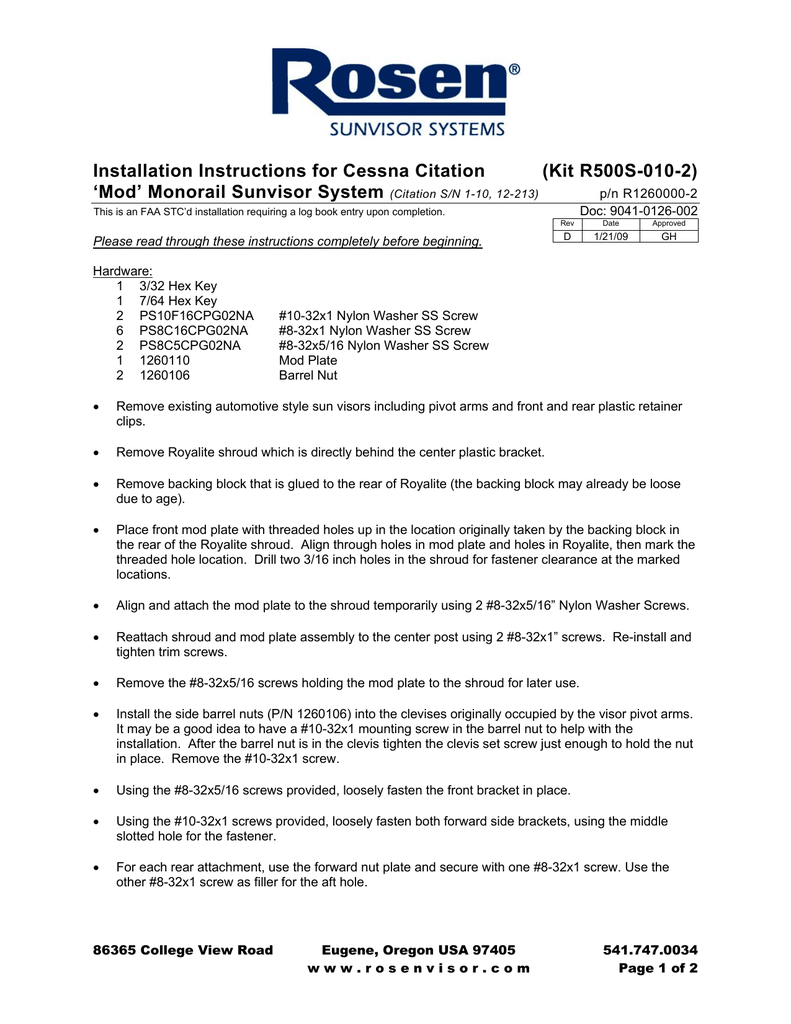 Installation Instructions For Cessna Citation Kit R500s 010 2 Mod Monorail Sunvisor System Manualzz