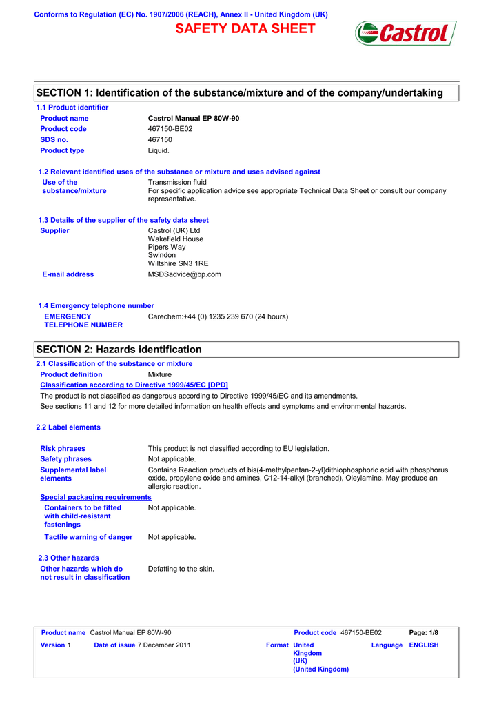 MSDS 083715 - Castrol Manual EP 80W-90 oil | Manualzz