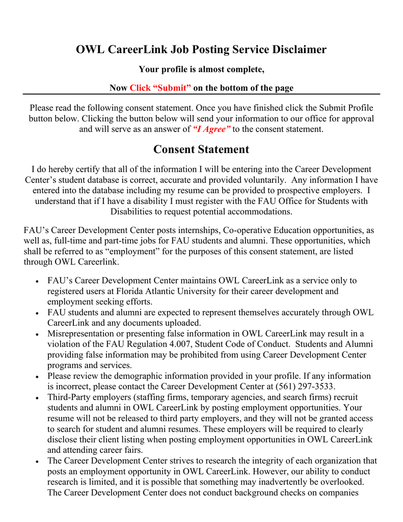 owl careerlink job posting service disclaimer
