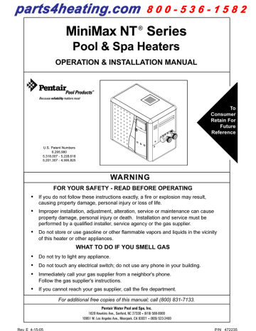 Pentair MiniMax NT 300, MiniMax NT 250, Pool & Spa Heaters NT Series ...