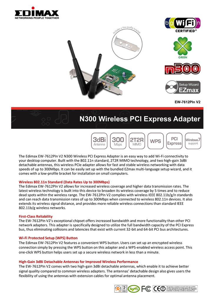 NEW Edimax EW-7612PIN 300Mbps WiFi Wireless PCI Express Adapter Card 3dBi ANTENA