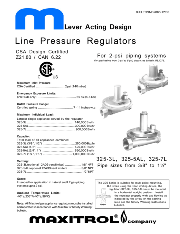 2 psi Inlet Pressure Maxitrol Company Maxitrol 325-3L-1/2 1/2 Line Regulator Aluminum 