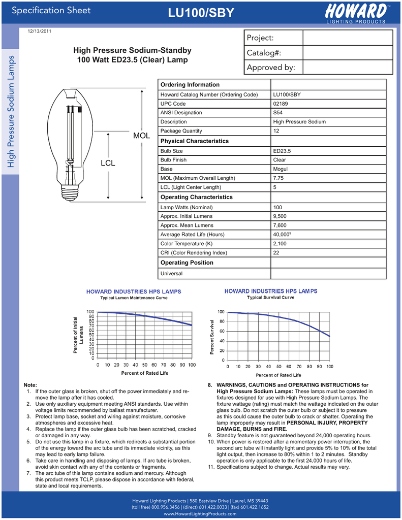 Lu100 Sby Specification Sheet E Sodium Lamps Project