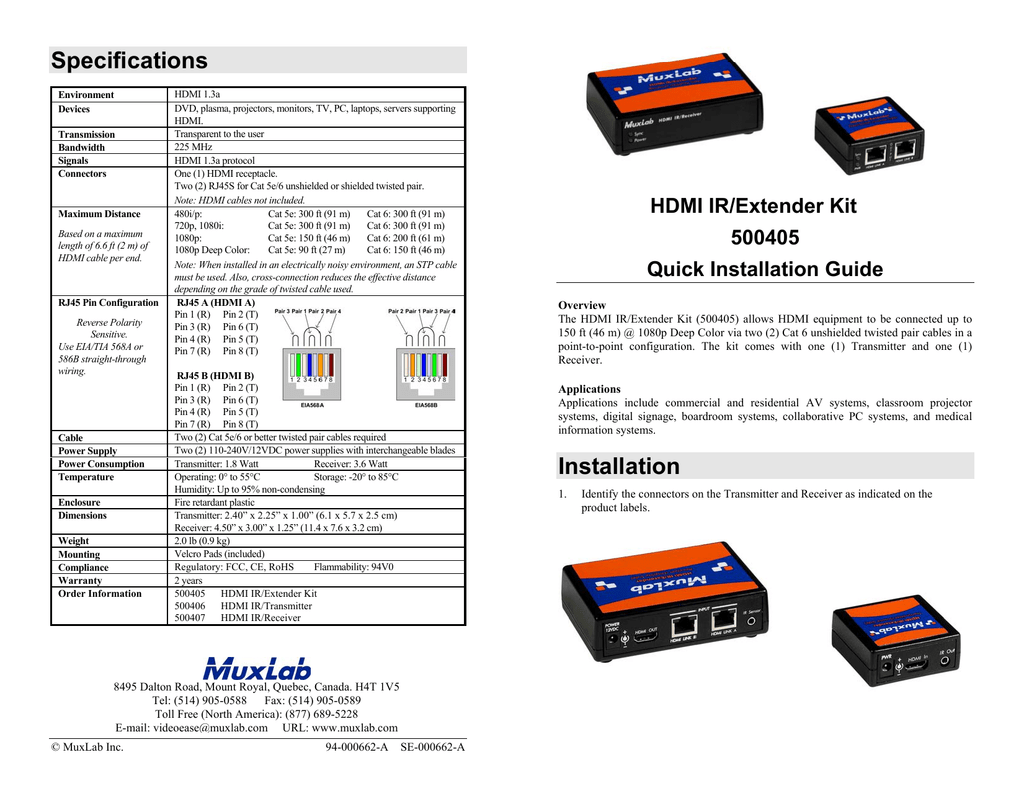 Muxlab Hdmi Ir Extender Kit Installation Guide Manualzz