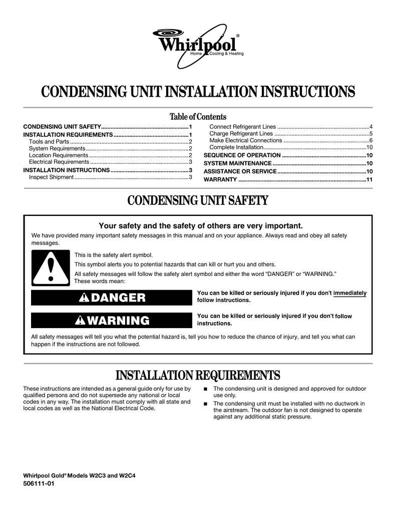 CONDENSING UNIT INSTALLATION INSTRUCTIONS Table of Contents Manualzz