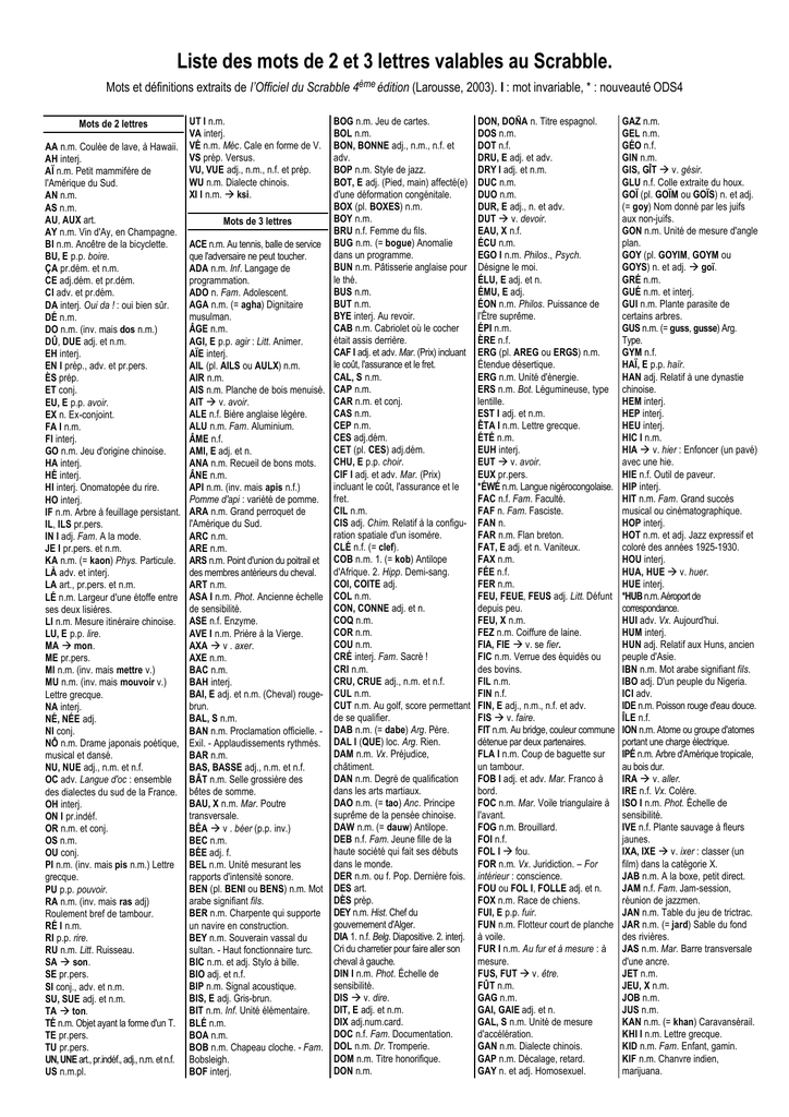 Liste Des Mots De 2 Et 3 Lettres Valables Au L Officiel Du Scrabble 4 Edition Manualzz