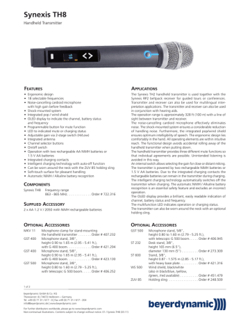 Beyerdynamic Synexis TH8 Spec sheet | Manualzz