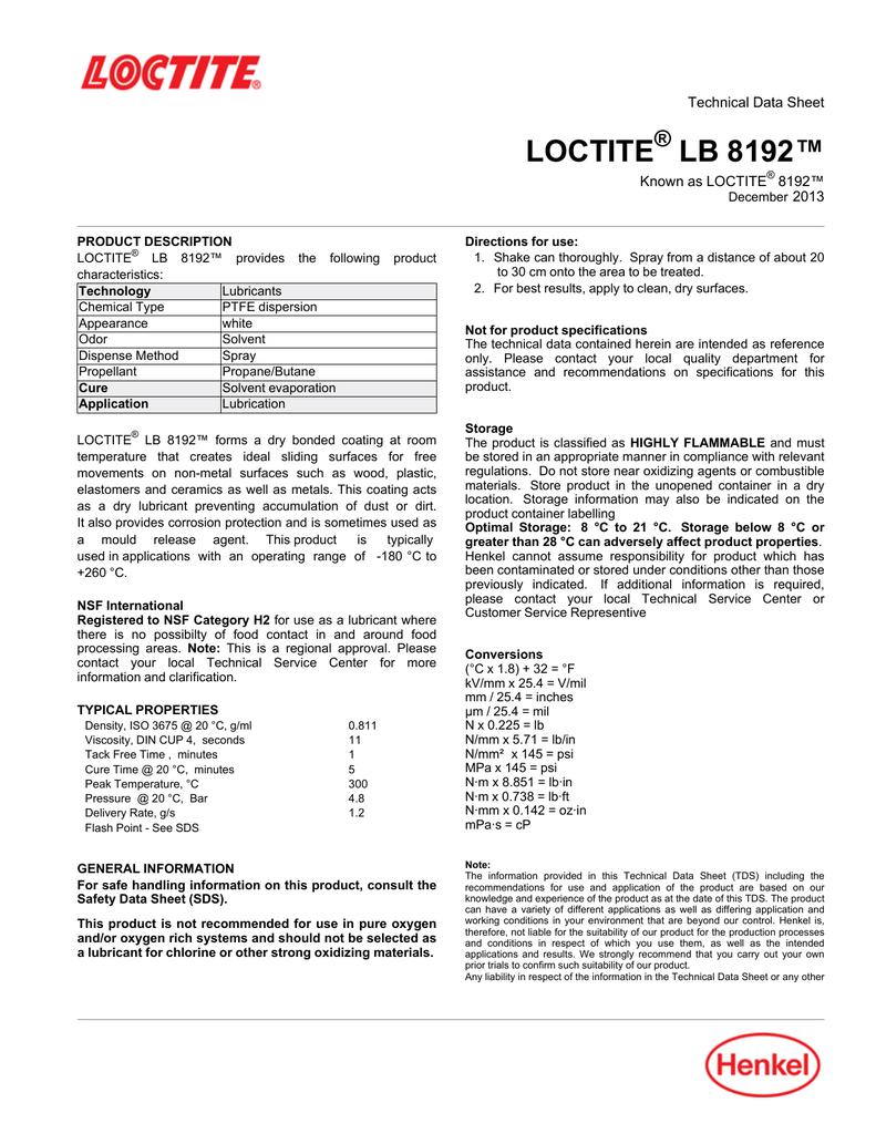 Loctite Lb 8192™ ® Technical Data Sheet Manualzz