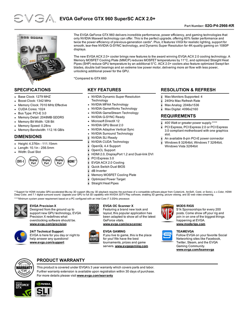 Evga Geforce Gtx 960 Supersc Acx 2 0 02gp42966kr Manualzz