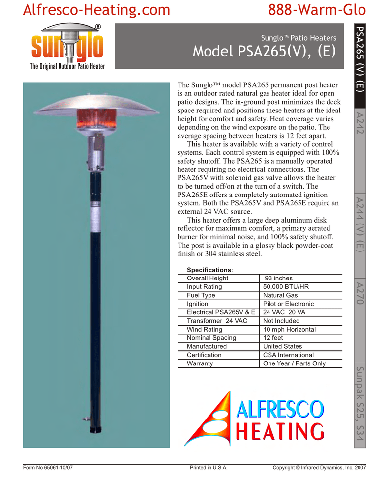 Sunglo Psa265 Spec Sheet Manualzz Com